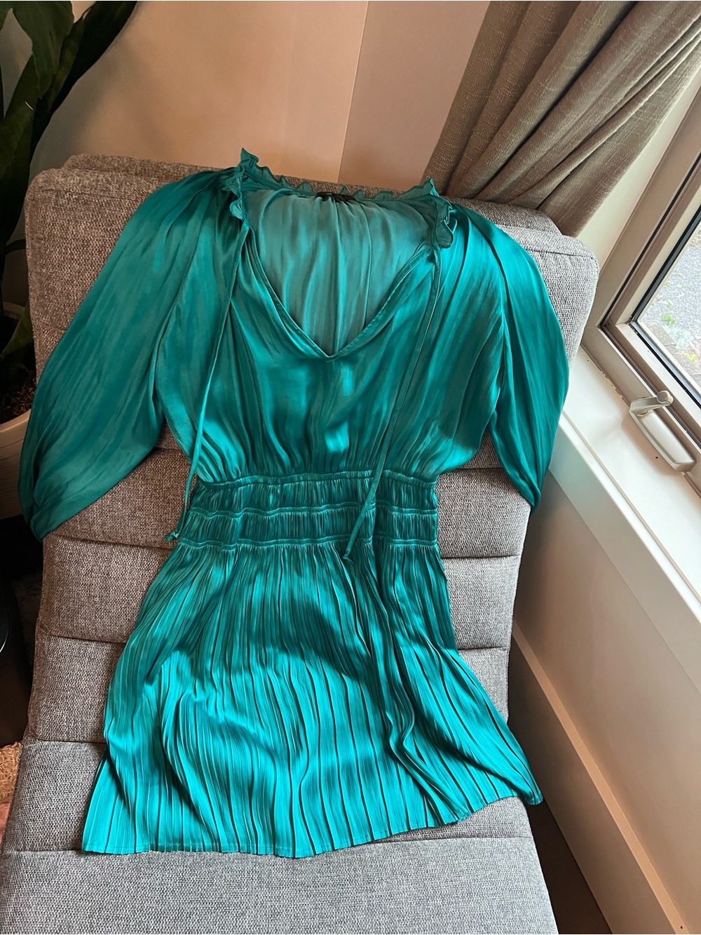 Anthropologie Current Air Teal Pleated V-Neck Mini Dress